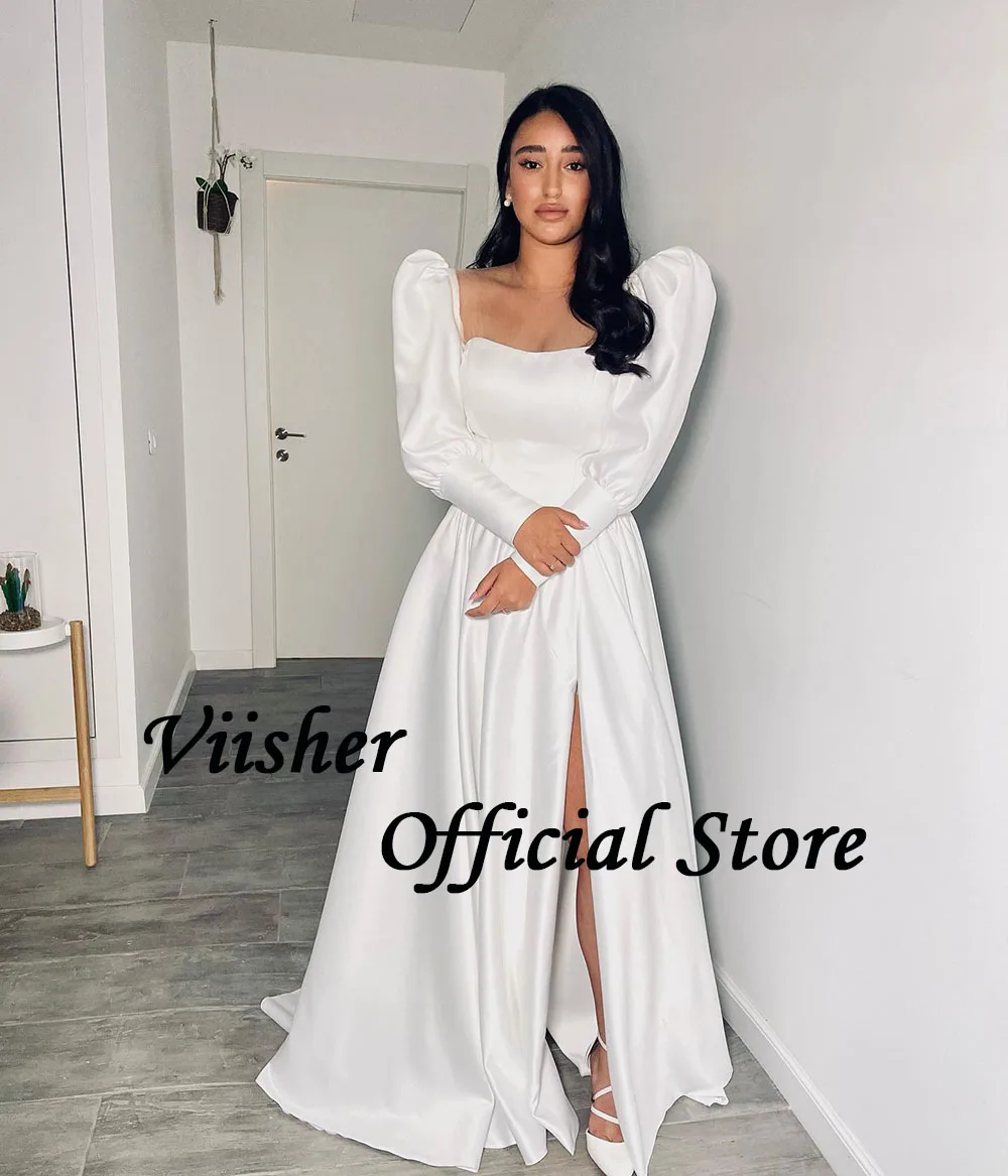 Viisher White Satin Long Wedding Bresses Side Split Full Sleeve Elegant Bride Dress Civil Wedding Bridal Gowns Customized 2023