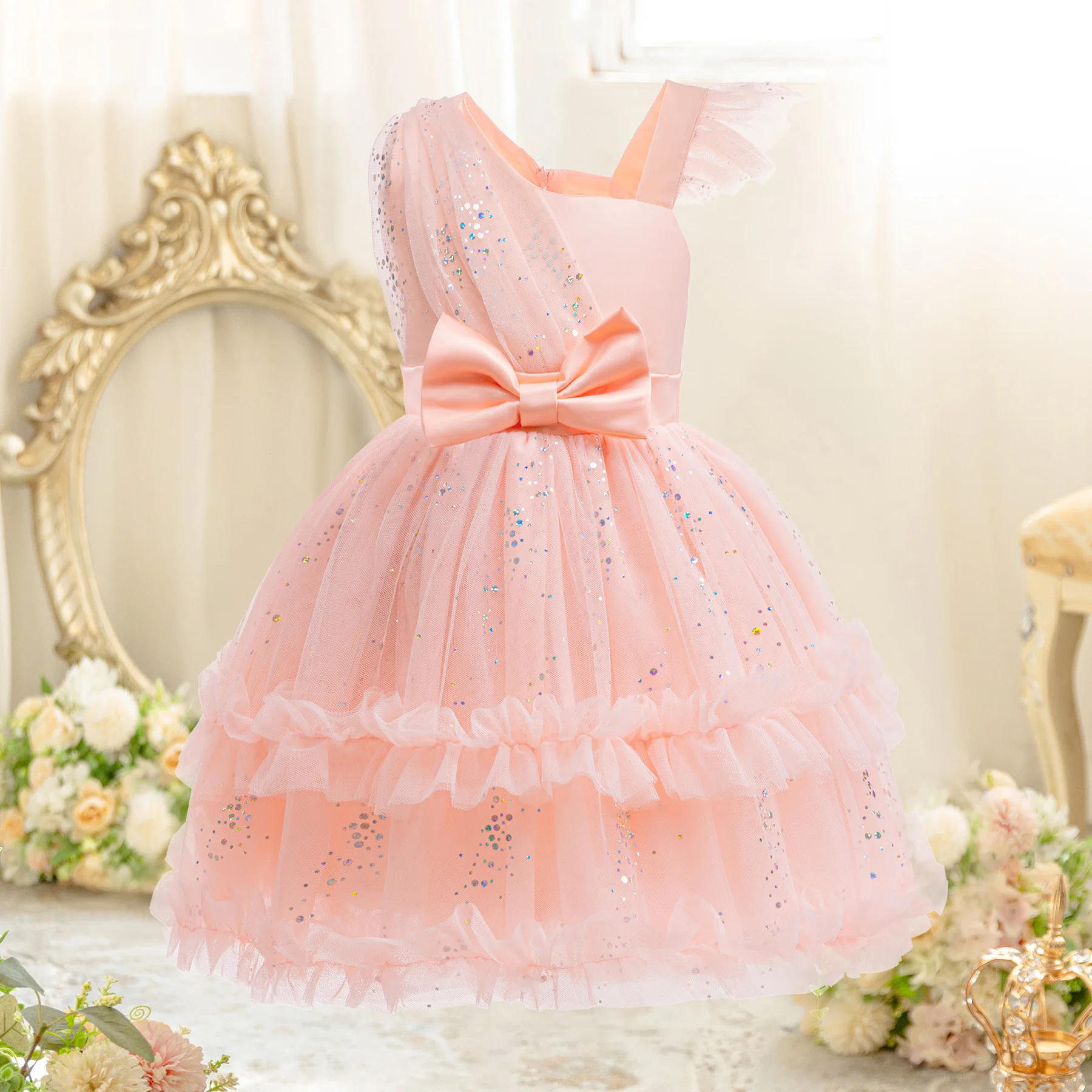 

Birthday Party Dress For Girls Pink Bridesmaid Flower Girl Wedding Dress Halloween Sequin Sweet Evening Dress Princess Dress