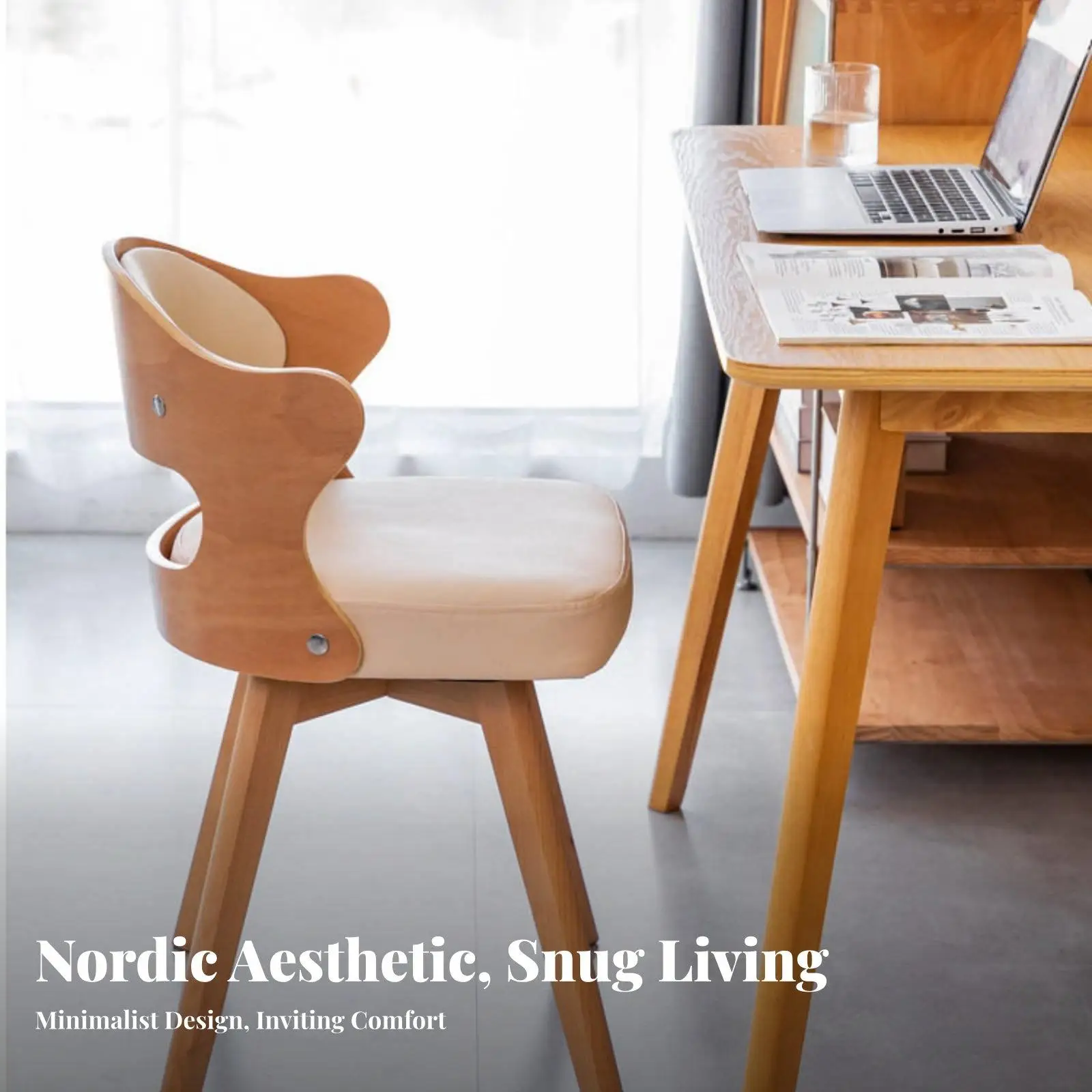 Comfortable Sponge Padded Swivel Seat with Wood Leg Base for Home Office Desk Work