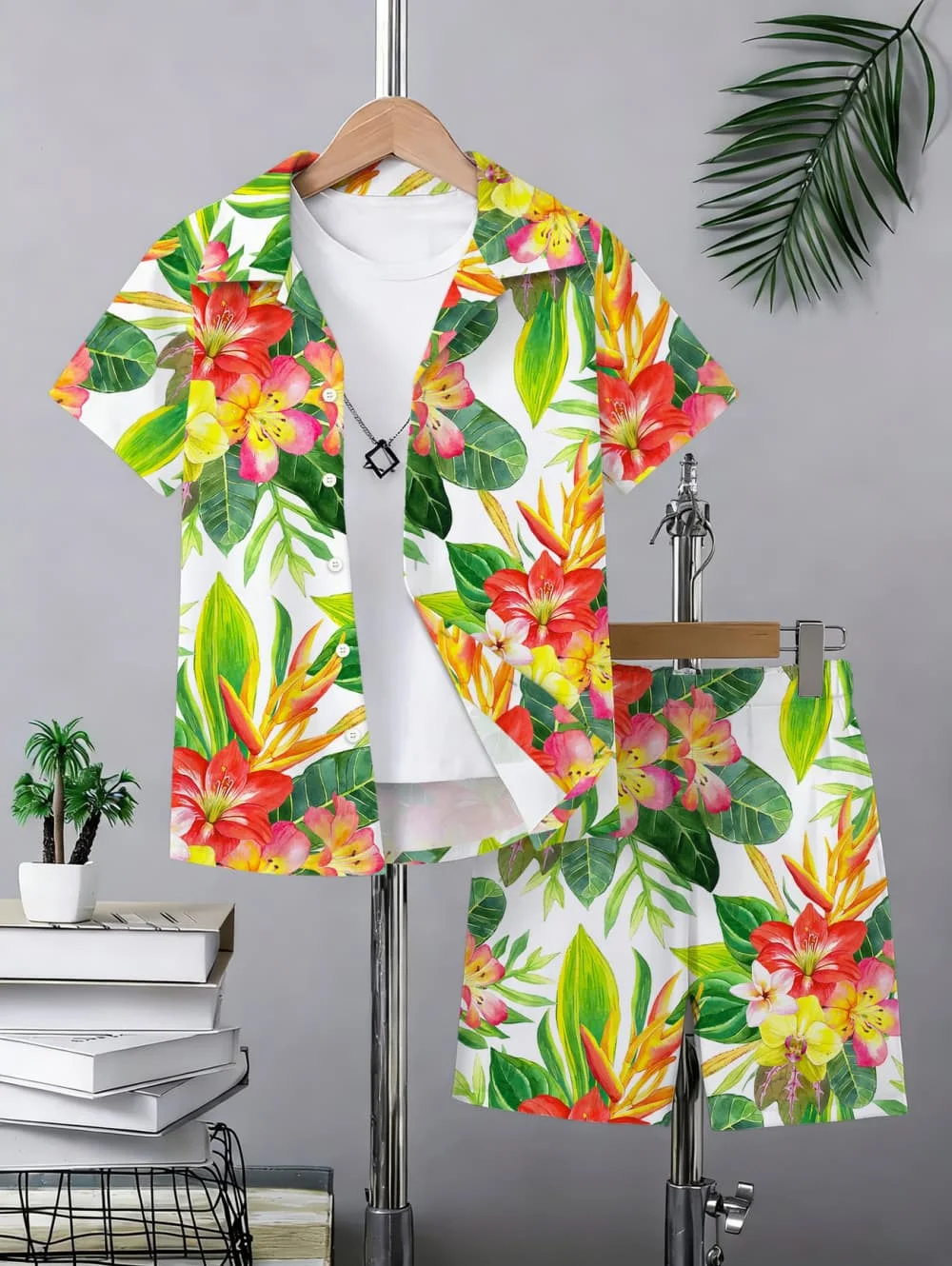 Coconut Tree Pattern Kids Short-Sleeve Button Lapel Shirt Summer Seaside Beach Vacation Hawaiian Style Shirt+shorts Boys Clothes