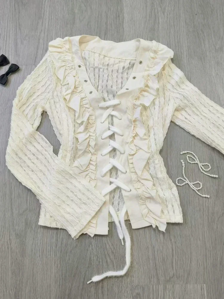 Autumn Aesthetic Vintage Slim Knit Cardigan Women High Street Chic Long Sleeve Solid Ruffle Tops Female Goth Y2k Lace Up Top New