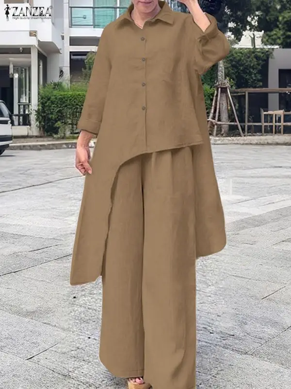 ZANZEA Stijlvolle 2-delige broeksets Dames Asymmetrische zoom Lange shirts en wijde pijpen Broek Past Outfits Effen kleur Woon-werkkleding