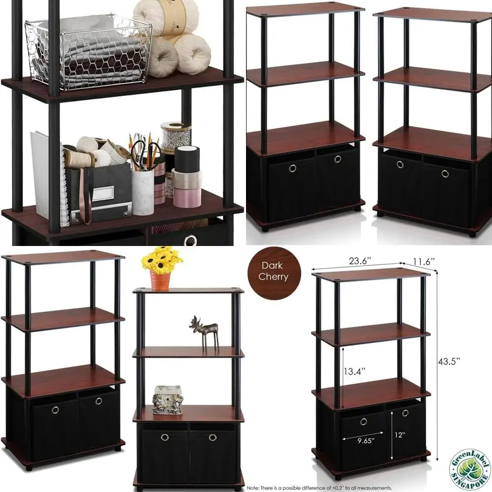 

4-Tier Dark Cherry Storage Shelf Set with Bins, Multipurpose, 2-Pack
