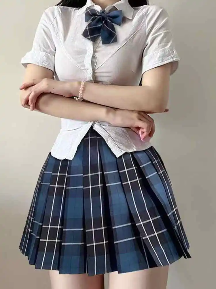 JK Cedar Traditional Japanese Uniform Skirt Set Sweet Student Class Uniform Polyester Short Sleeve  Collar Button up