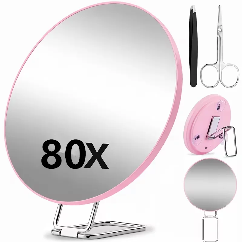 [80X Magnification | Magnification Makeup Mirror | Portable Folding Handheld with Stand, 3 Suction Cups | Precision Tweezers