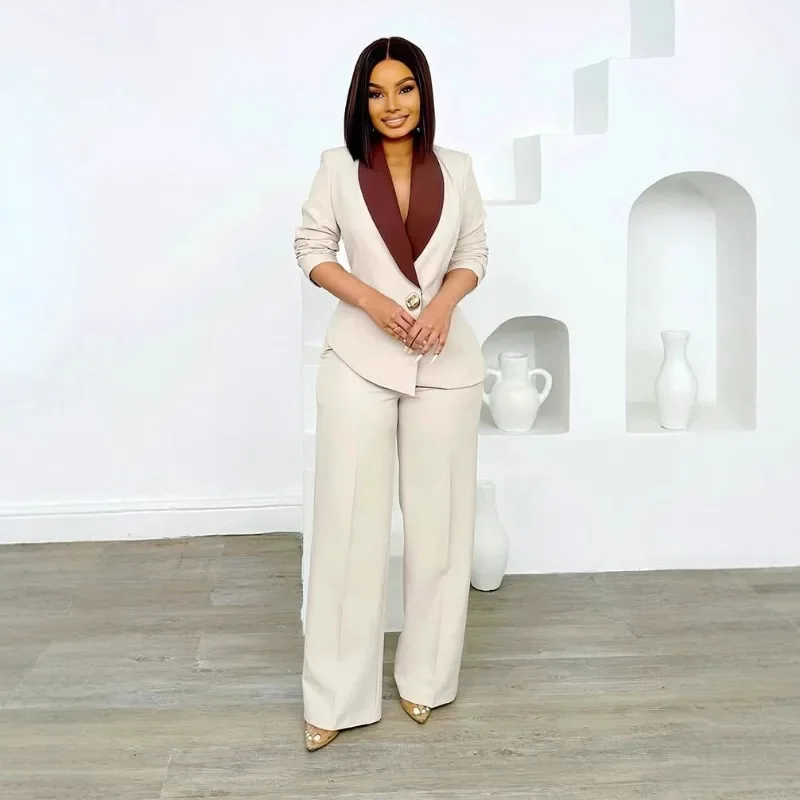 Guwu outono escritório feminino calça ternos elegante contraste cor manga longa fino blazer topo e calças retas conjuntos de duas peças