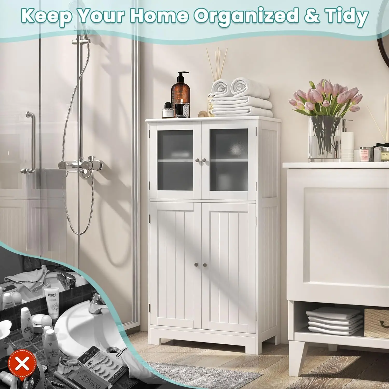 

Bathroom Storage Cabinet, Wooden Linen Storage Organizer Cupboard with Doors & Adjustable Shelf, Freestanding Floor Cabinet