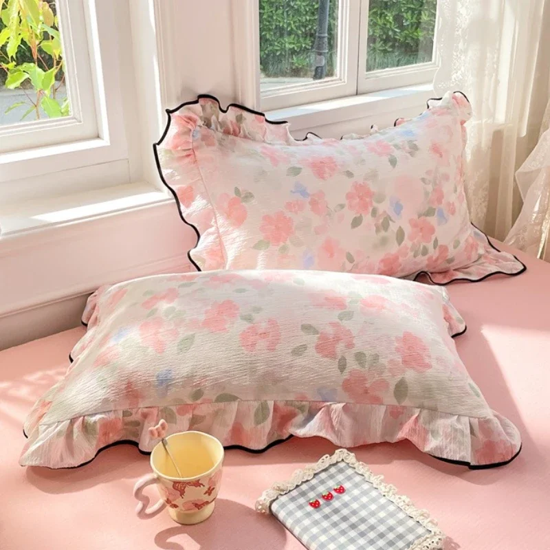 

2pcs/Set Korean Princess Style Lotus Leaf Lace Seersucker Pillowcase Plant Floral Cushion Cover Bed Head Pillow Cover Home Decor