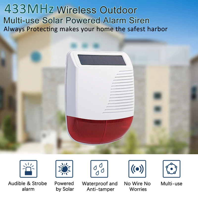 433MHz Wireless Solar Siren Alarm Sound Light Flash 110dB Outdoor Strobe Waterproof for Home Security Alarm System Smart Burglar
