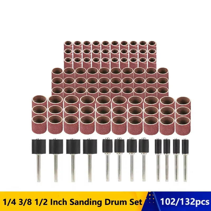 102/132pcs Sanding Drum Set 1/4 3/8 1/2 Inch Sanding Bands With Sanding Mandrels For Nail Dremel Accessories