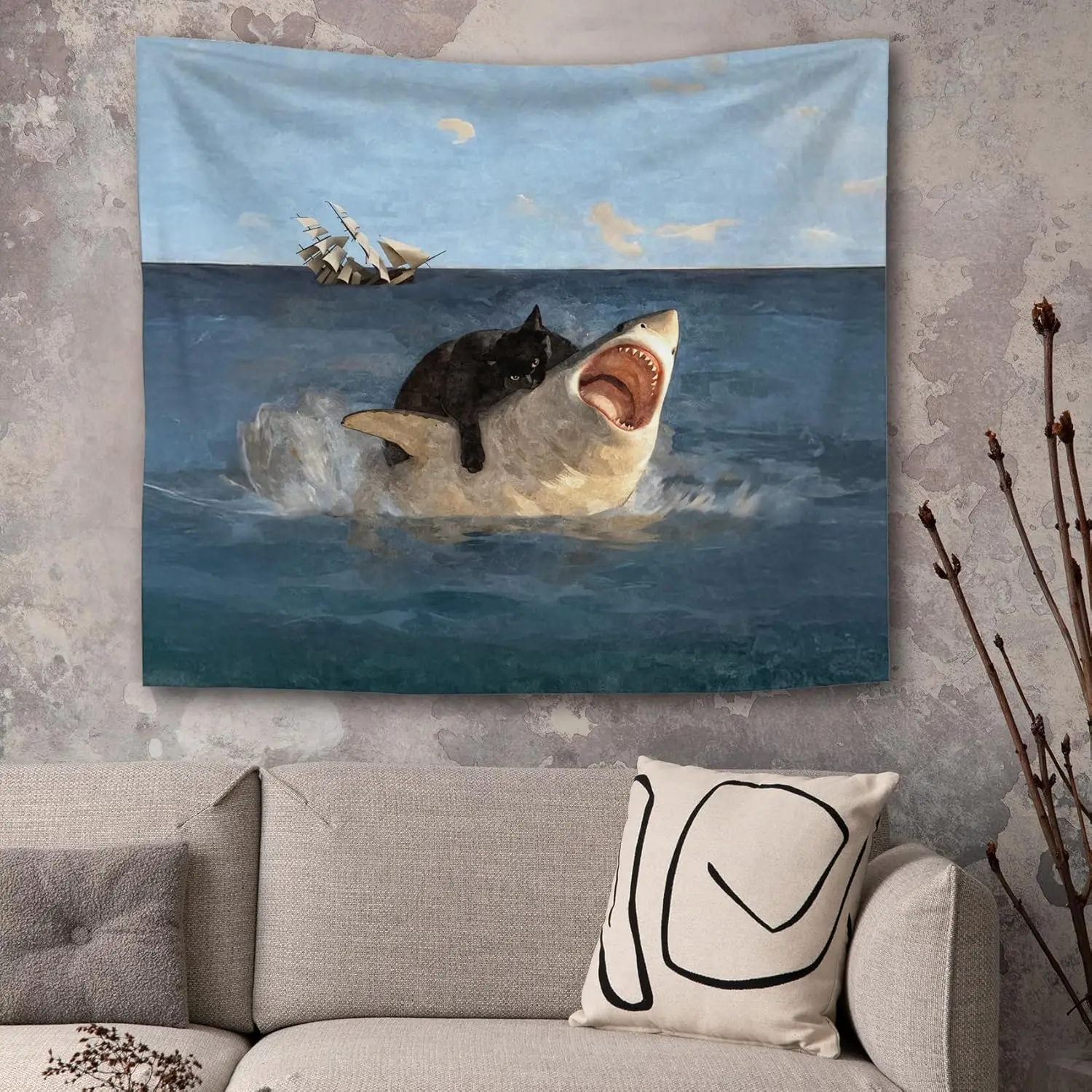 Vintage Renaissance Funny Cat Meme Tapestry Wall Hanging,Nautical Ocean Shark Wall Tapestries for Bedroom Living Room Home Decor