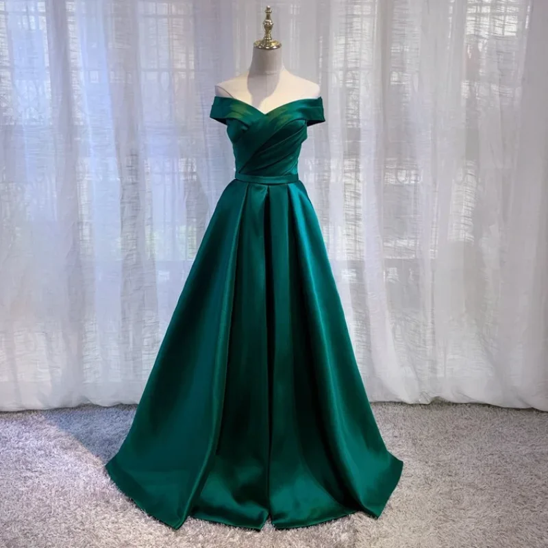 Customized Elegant Long Satin Evening Dresses Off The Shoulder Prom Dress Women Slim Waist Green Formal Gowns Wedding Maxi Dress