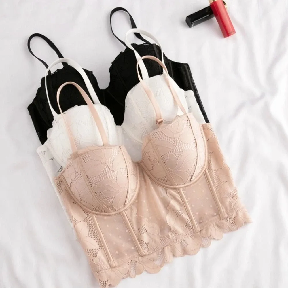 메쉬 도트 레이스 플라워 캐미솔 투명 민소매 레이스 코르셋 서스펜더 베스트 스위트 피쉬본 코르셋 캐미솔 봄 여름