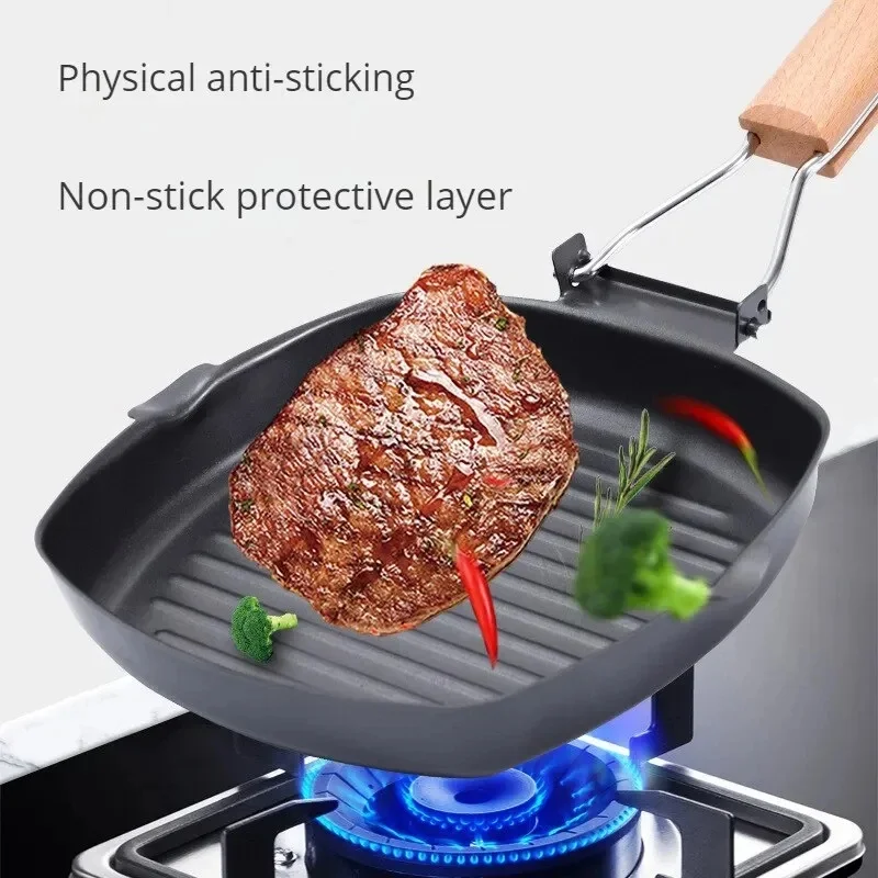 Foldable Outdoor Grill Pan, Anti-Scald Wood Handle Double Spout Steak Frying Pan, Portable Cookware for Camping Picnic
