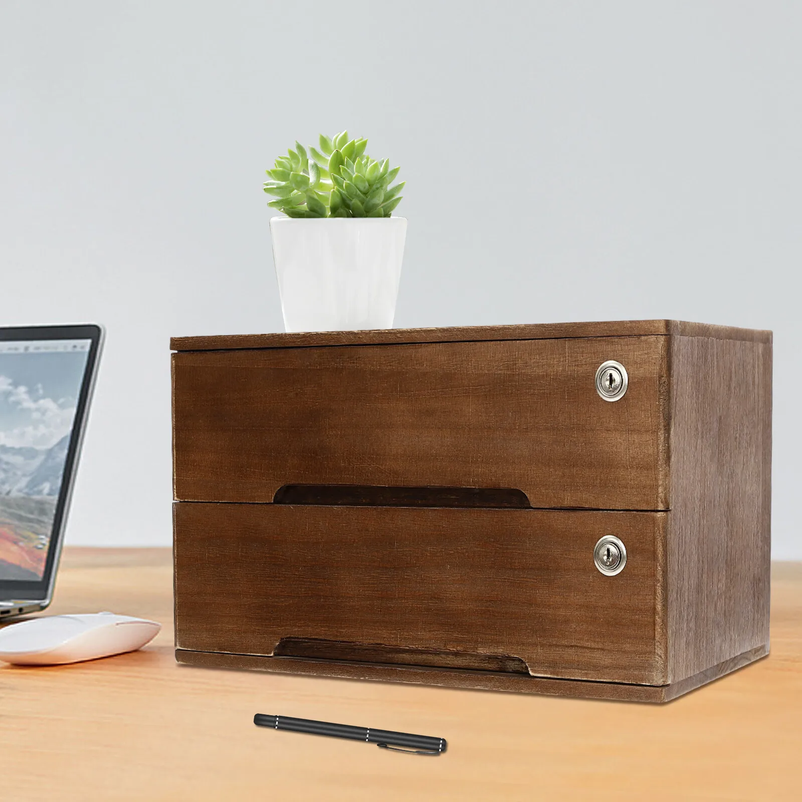 2-Tier Wooden Desktop Compact Jewelry Drawer Storage Box Table Cabinet Holder Organizer Chest Walnut 40*28cm