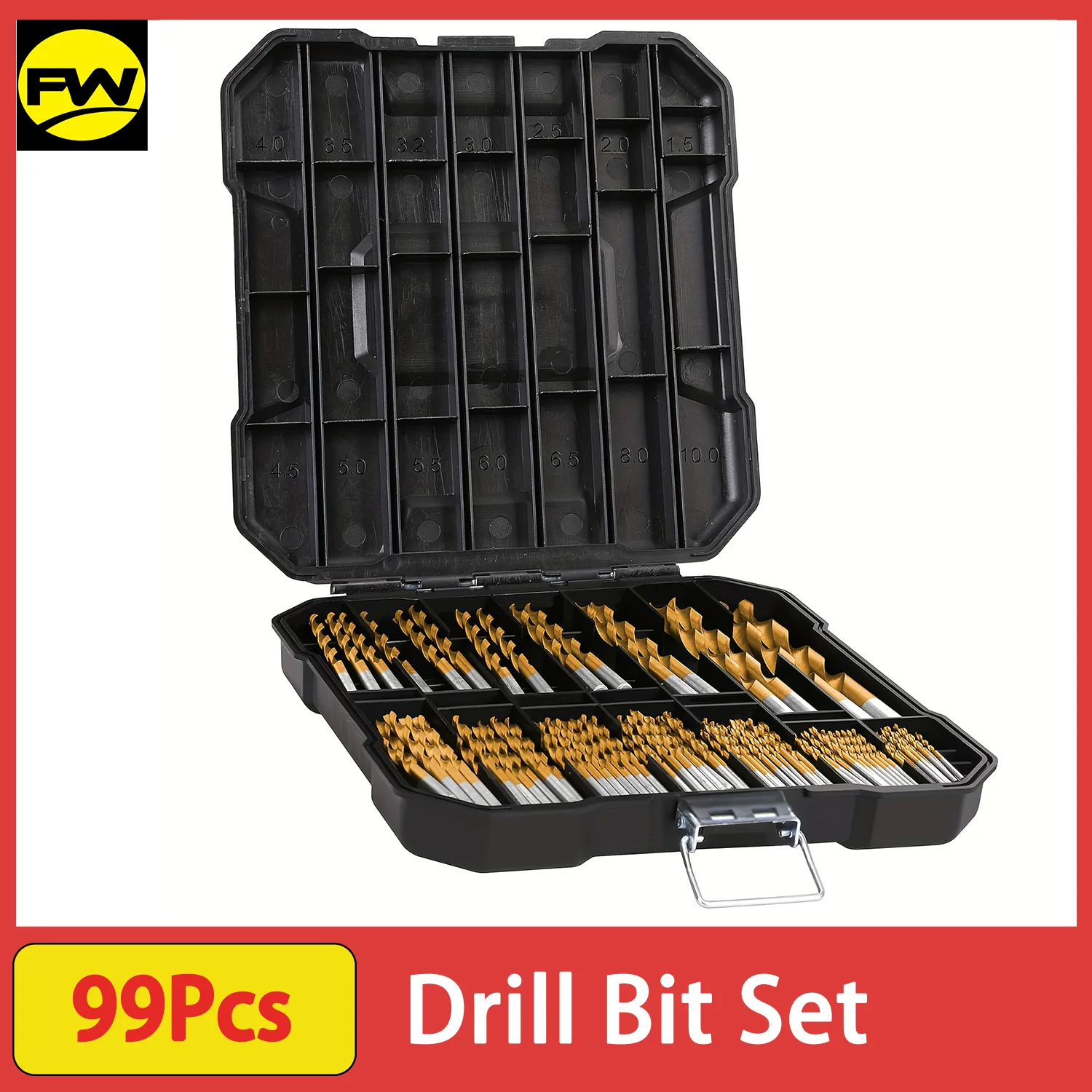 مجموعة لقم مثقاب تويست من التيتانيوم مكونة من 99 قطعة، 135 ° طرف فولاذي عالي السرعة، مقاس من 1.5 مم إلى 10 مم، حفر مثالي في الخشب، حديد الزهر #1