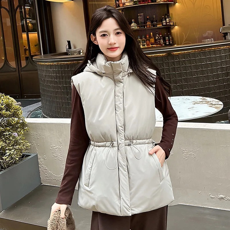 2026 Autumn Drawstring Jacket Short Parkas Casual Hooded Zipper Waistcoat Tops Winter New Korean Down Cotton Hooded Vest