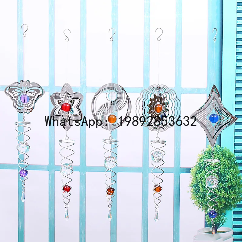 ZF Stainless Steel Mirror Crystal Ball Metal Rotating Wind Chime Wind Spinner Hanging Ornament Outdoor Garden Tornado