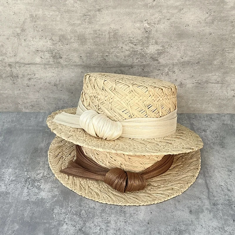 

Новая роскошная плетеная соломенная шляпа с плоским верхом для женщин: для летних прогулок, минималистичная церемониальная шляпа, модная шляпа от солнца