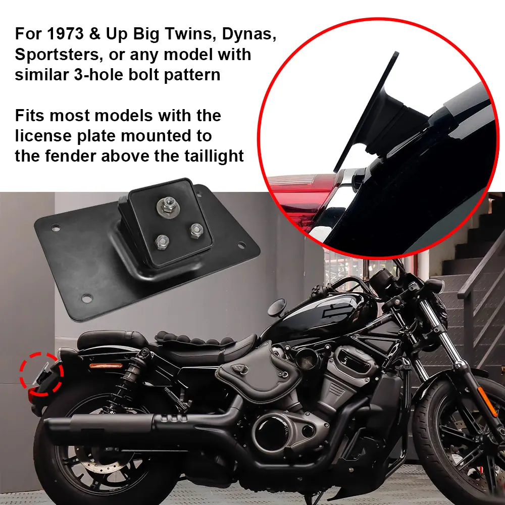 Motorcycle 3-Hole Laydown License Plate Mounting Bracket For Harley Big Twins Sportster Dyna Softail XL 1973-2020