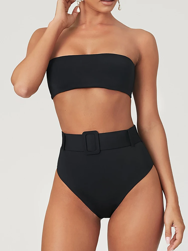 Conjunto de biquíni de cintura alta feminino, roupa de banho preta sexy, maiô, biquíni bandeau, verão 2022