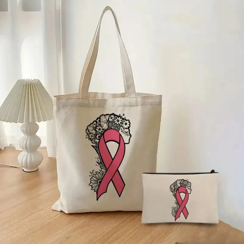 2 pezzi rosa consapevolezza del cancro al seno stampato Tote borse per cosmetici moda donna Eco borsa per la spesa portatile di grande capacità