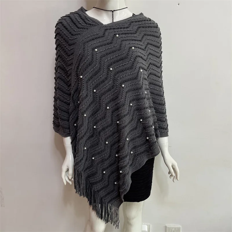 

Spring Autumn New Style Shawl Cloak Women Pearl Color Matching Nail Bead Imitation Cashmere Warm Tassel Knitted Coat Gray