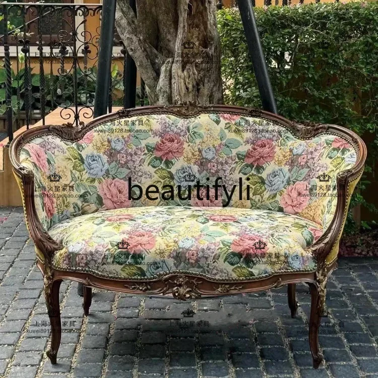 

A16 French retro solid wood fabric double triple sofa chair pastoral carved leisure chair