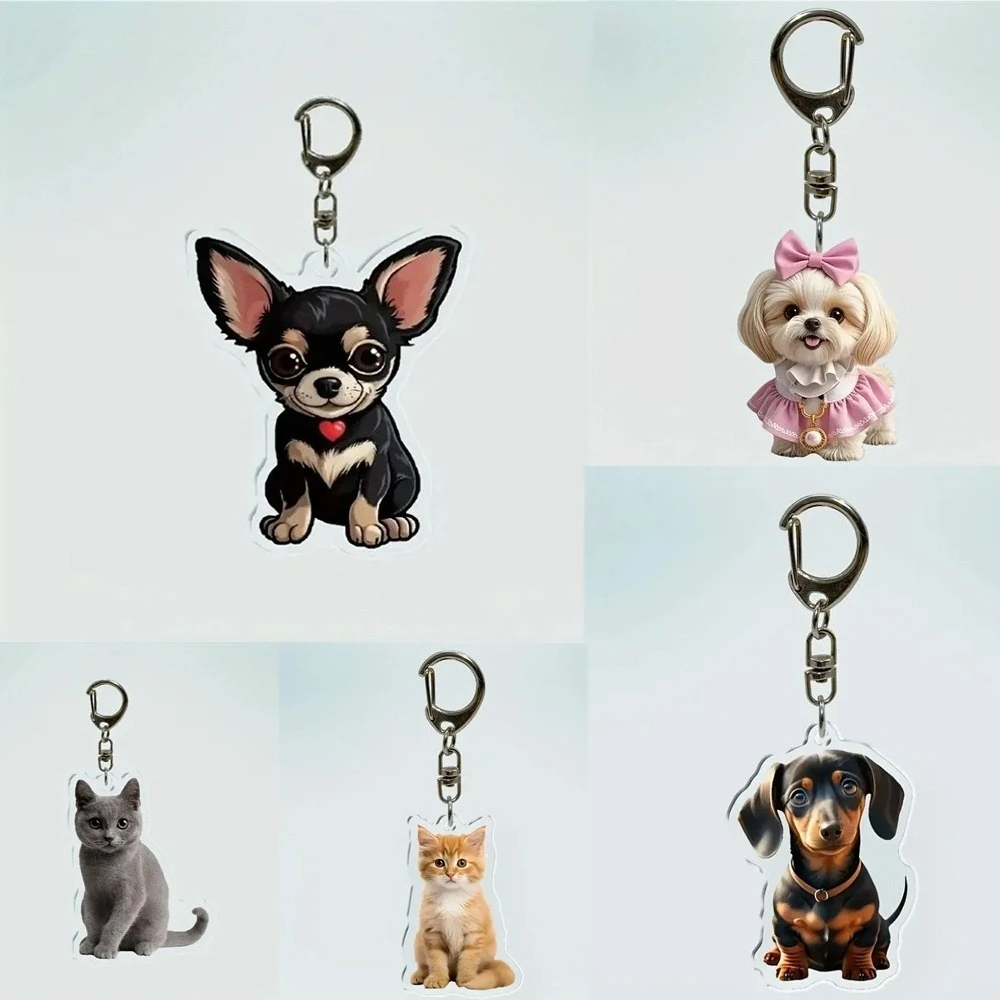 Cute Little Animals Lanyard Keychain Cats and Dogs Acrylic 2D Flat Cartoon Mobile Phone Book Rental Pendant Jewelry Accessories
