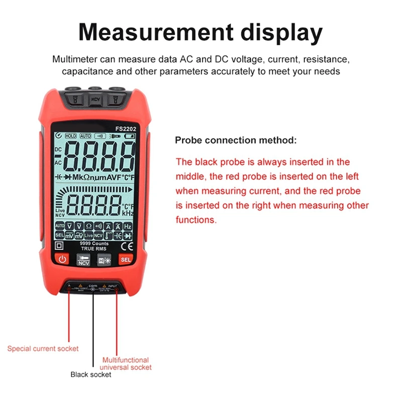 Retail FS2202 Auto Range Multimeter 9999 Counts TRMS AC DC Voltmeter Amp NCV Resistance Capacitance Transistor Tester