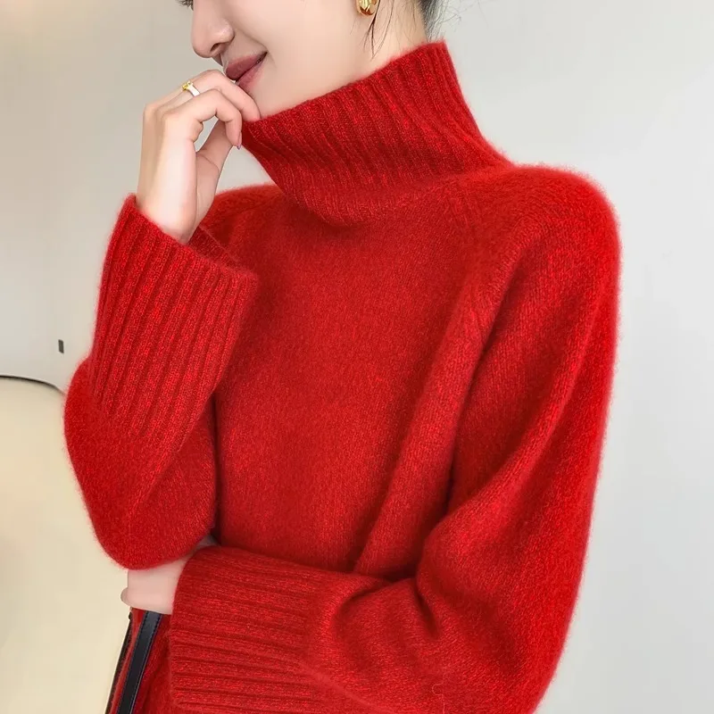 Women's loose-fitting, long-sleeved, red cashmere sweater with a turtleneck, made of pure wool, for the Year of Rabbit.