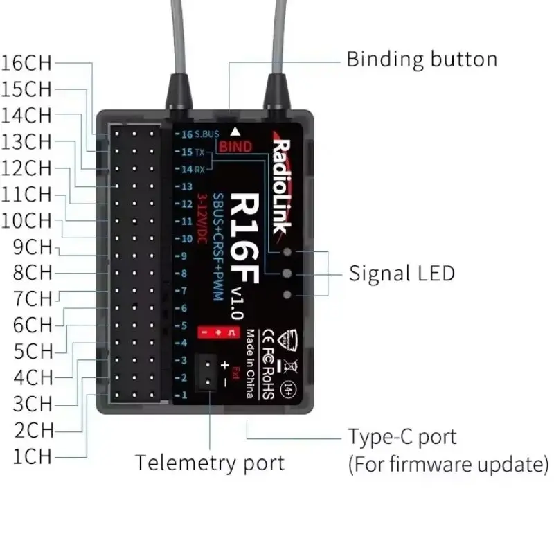 Radiolink New R16F RC Receiver 16 Channle 2.4G Gyro Car Voltage Transmission Telemetry 600m Long Range RX RC Car Boat Airplane