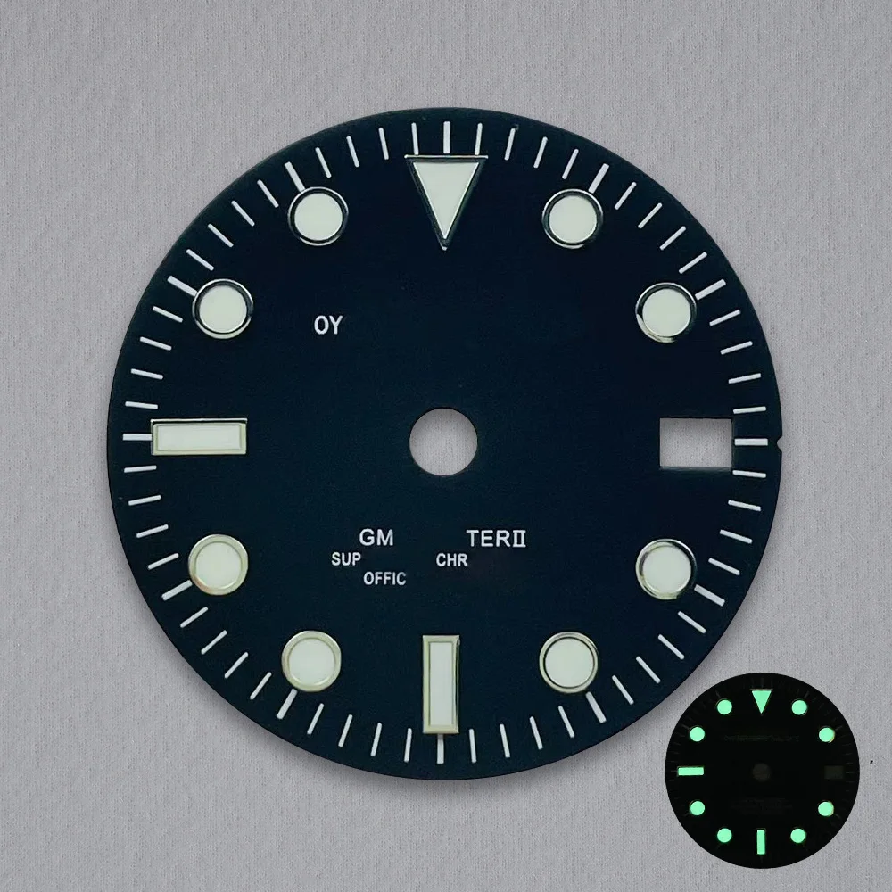 Esfera NH34 con logotipo S de 28,5mm, esfera negra GMT mate compatible con movimiento NH34, accesorios de modificación de reloj luminoso verde