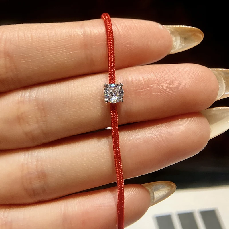 KNB 0.5 Carat Sparkling Certified Real Moissanite Diamond Red String bracelets for Woman Gift Minimalism Party Fine Jewelry