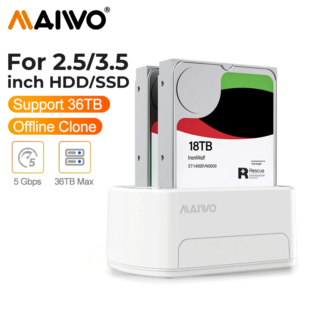 Док-станция для жестких дисков MAIWO Dual Bay USB 3,0 SATA, Дубликатор жестких дисков 2,5 и 3,5 дюйма SATA HDD/SSD, поддержка офлайн клонирования