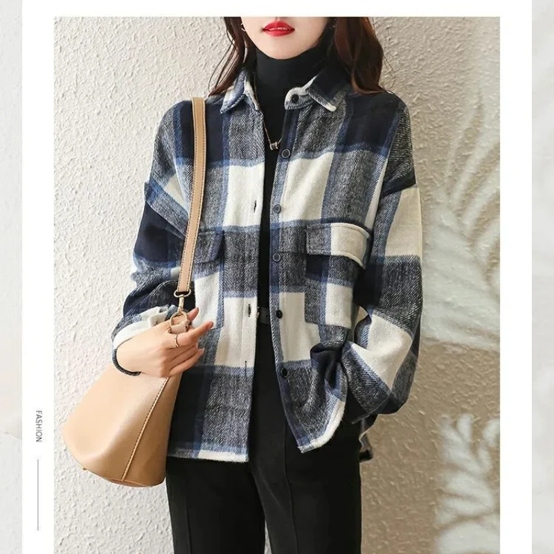 Jesień nowa koszula w stylu francuskim luźny kardigan cesarski szczotkowana krata kontrastowy kolor Vintage kobiety szykowne bluzki na cały mecz