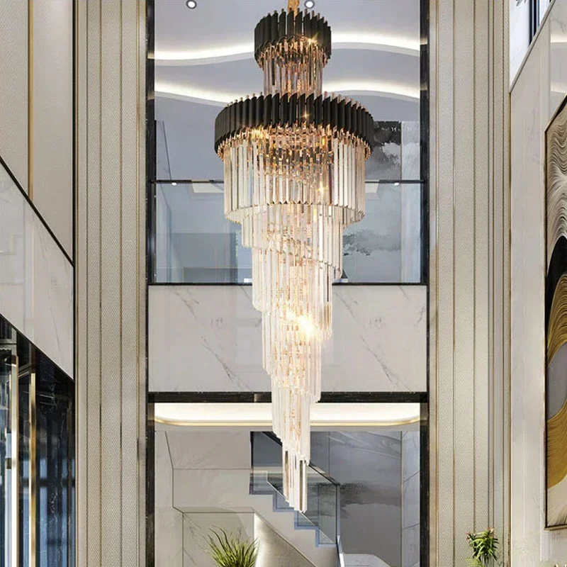 

Modern Luxury Large Top Long Crystal Chandeliers Hotel Hall Living Room Multi-layer Staircase Black Stainless Steel Led Lights