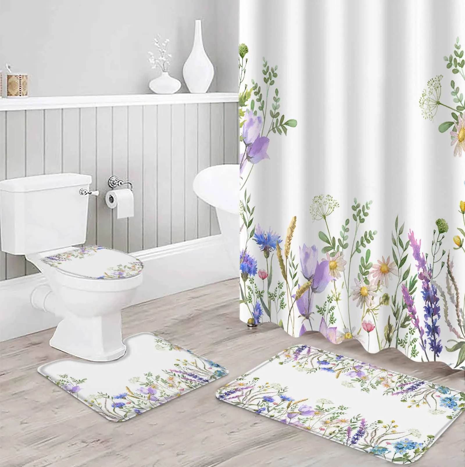 Plant Flowers LavenderPolyester printed shower curtain bathroom set,luxurious curtainsabstract 4-piece setcoral fleece floor mat