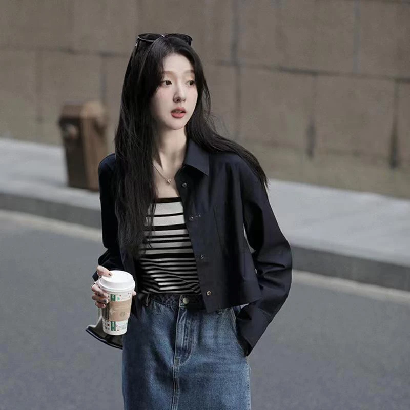 Gidyq Women White Cropped Shirts Korean Fashion Streetwear Female Long Sleeve Coats Casual All Match Designed Button Tops