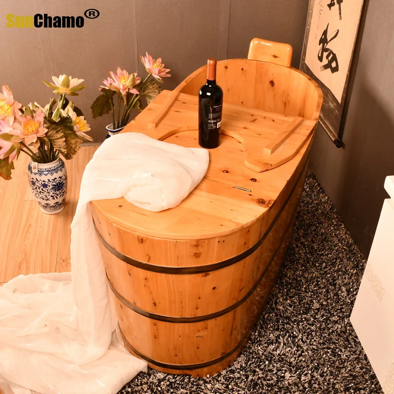 Hot Cedar Wood Fumigation Bath Tub for Adult and Children Wooden Solid Wood Barrel Bathtub with Multi-Functional Design