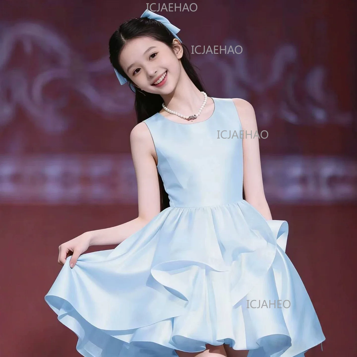 Girls Host Dress High-End Birthday Blue Princess Dress Kids Piano Violin Performance Costume Stunning Children Costume