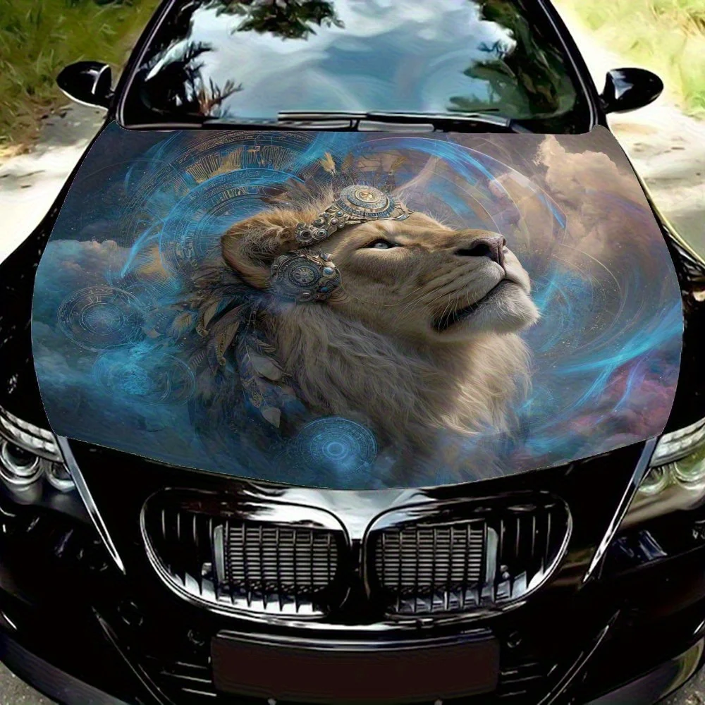 

Mysterious Lion Head Surrounded By Blue Light Car Hood Sticker - Durable PVC Anti-Scratch Protective Film For Most Vehicles, Dar