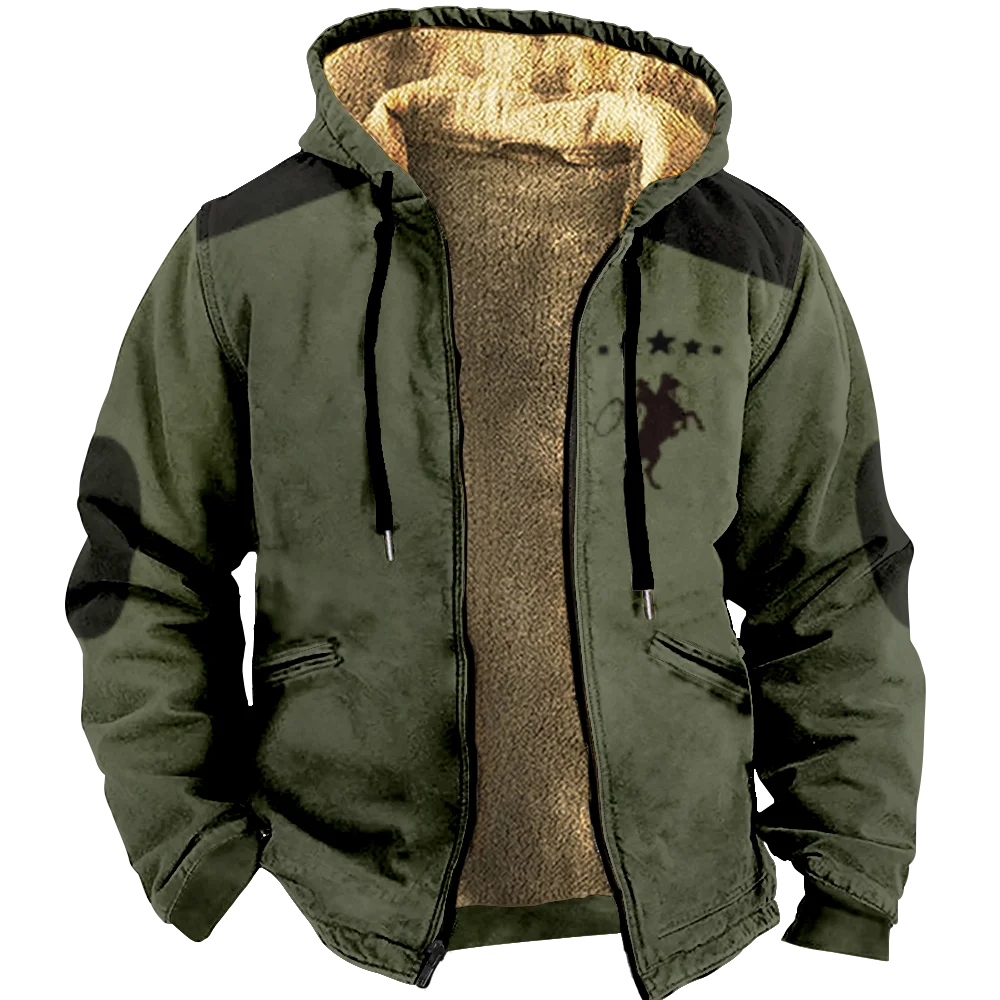 Homens e mulheres Cowboy Denim padrão manga comprida com zíper Hoodies, roupa grossa, moletom, jaqueta, Casacos, inverno