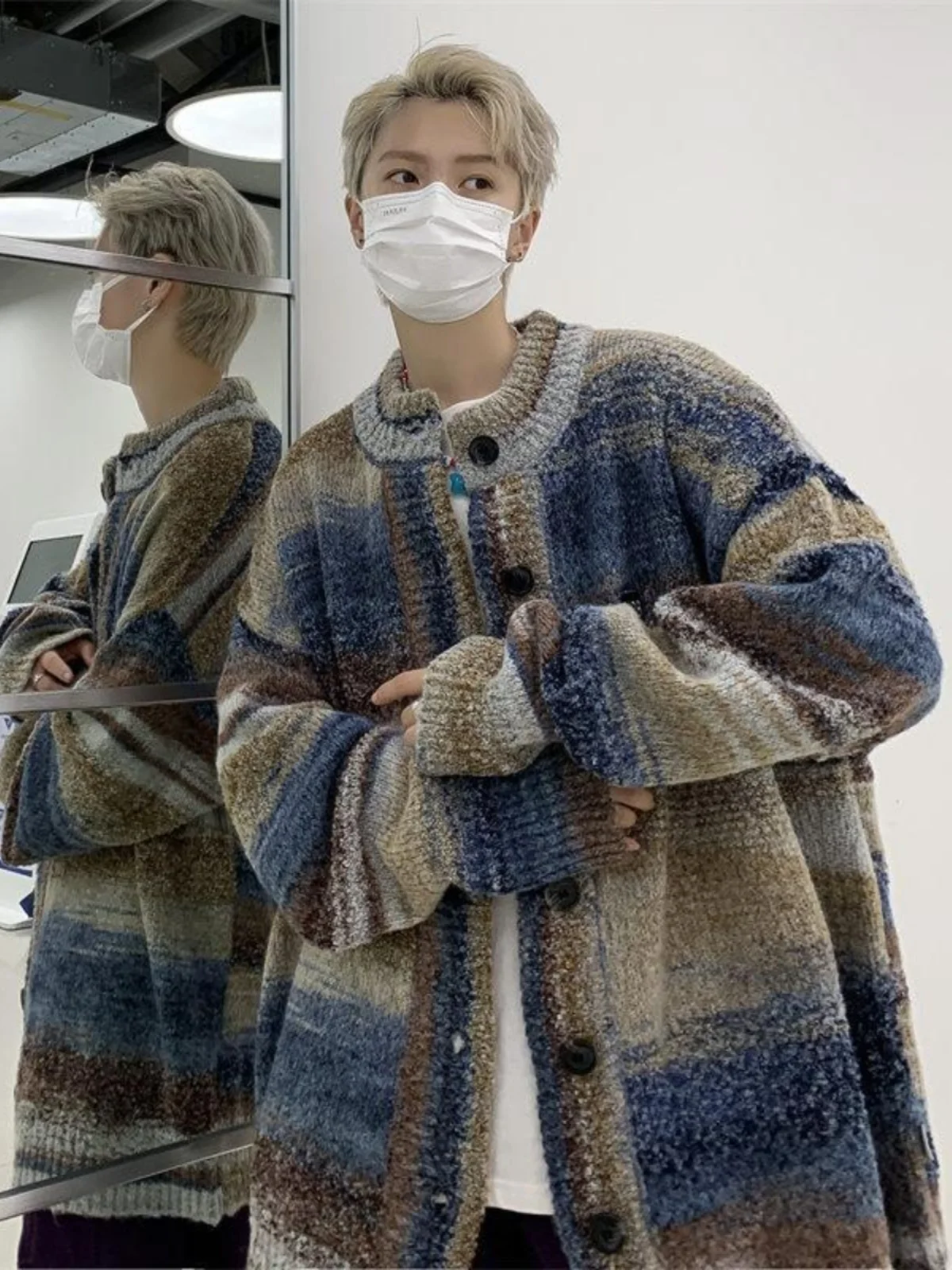 

Мужской вязаный кардиган оверсайз в корейском стиле INS, винтажный, осенне-зимний, с цветными блоками, очень большой размер (до 300 фунтов)