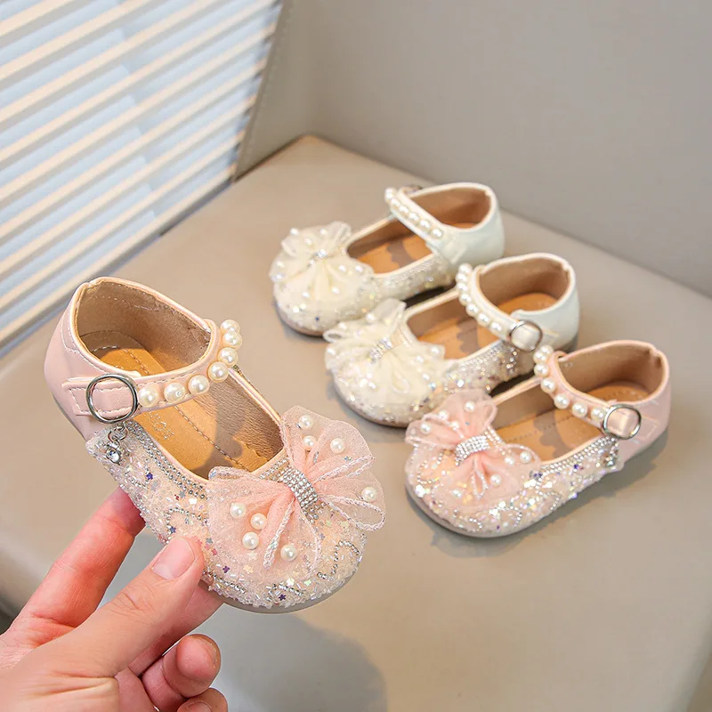 

2026 New Korean Style Girls Leather Shoes Round Toe Soft Sole Bow Rhinestone Princess Flats for Little & Middle Kids