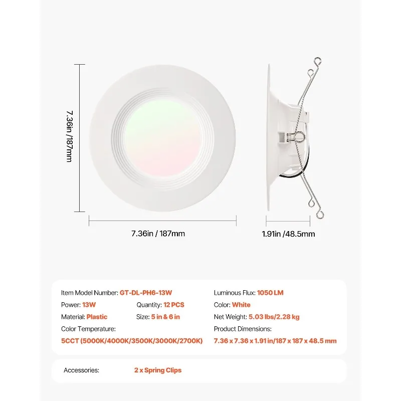 12 パック LED 埋め込み型照明 5/6 インチ レトロフィット カンライト 1050 LM 13W 5CCT