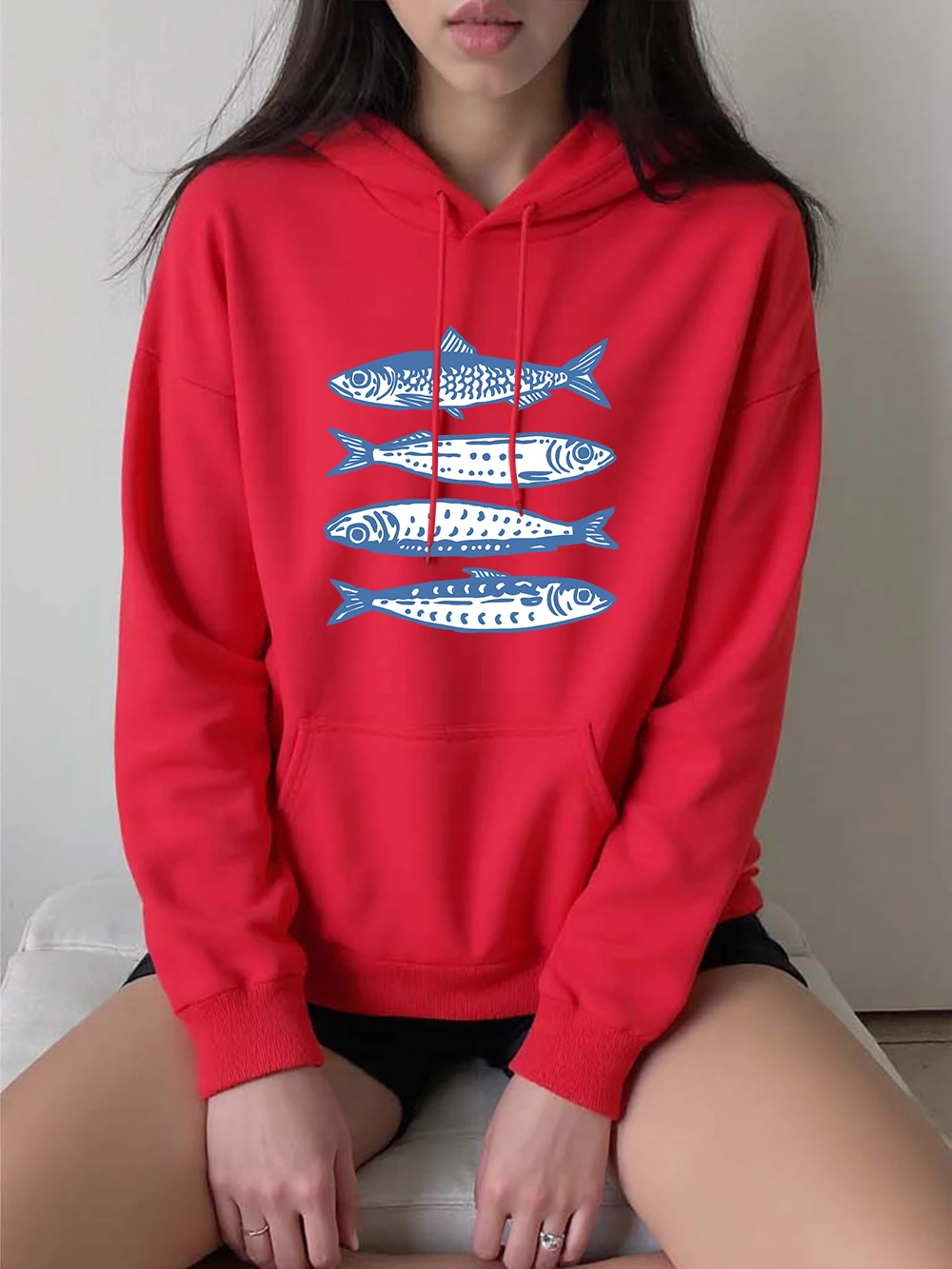 Sardinen Blau Druck Hoodies Frauen Bequeme Lose Pullover Casual Tasche Sweatshirt Herbst Winter Fleece Warme Frau Kleidung