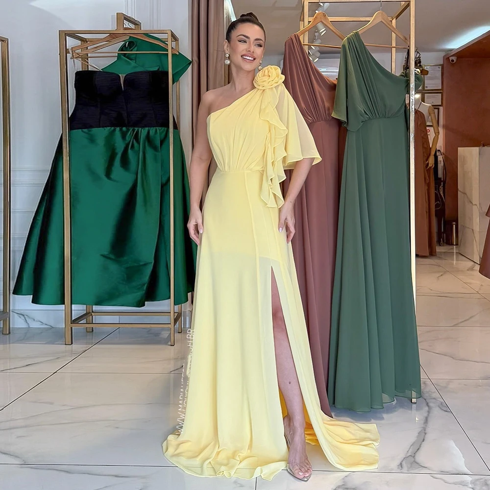 Eightale Arabisches Abendkleid mit einer Schulter, maßgeschneidert, Chiffon, gelb, 3D-Blumen, bodenlang, A-Linie, Abschlussball, Hochzeit, Partykleid