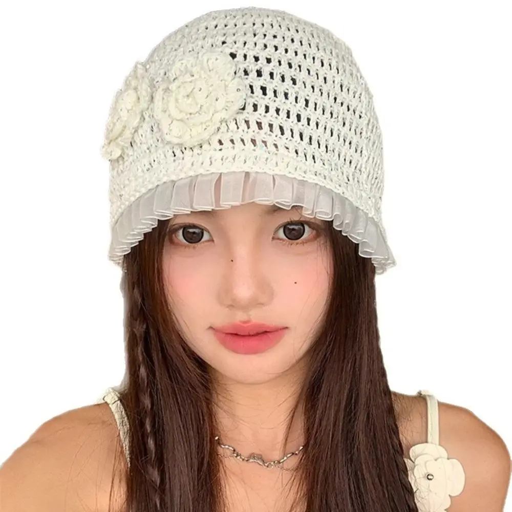 Casual Hand-Woven Knitted Beanies Solid Color Breathable Crochet Hat Sequin Decor Flower Pattern Headscarf Cap Casual Wear