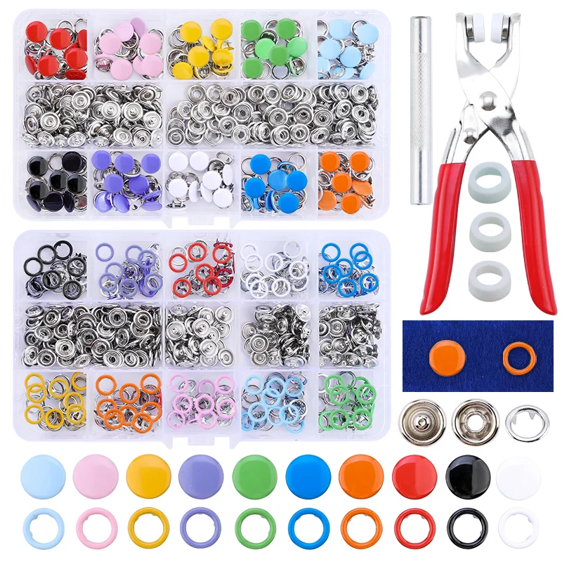 

400/800pcs Snap Fasteners Kit Tool, Metal Snap Buttons Rings with Fastener Pliers Press Tool Kit for Clothing Sewing 10 Colors